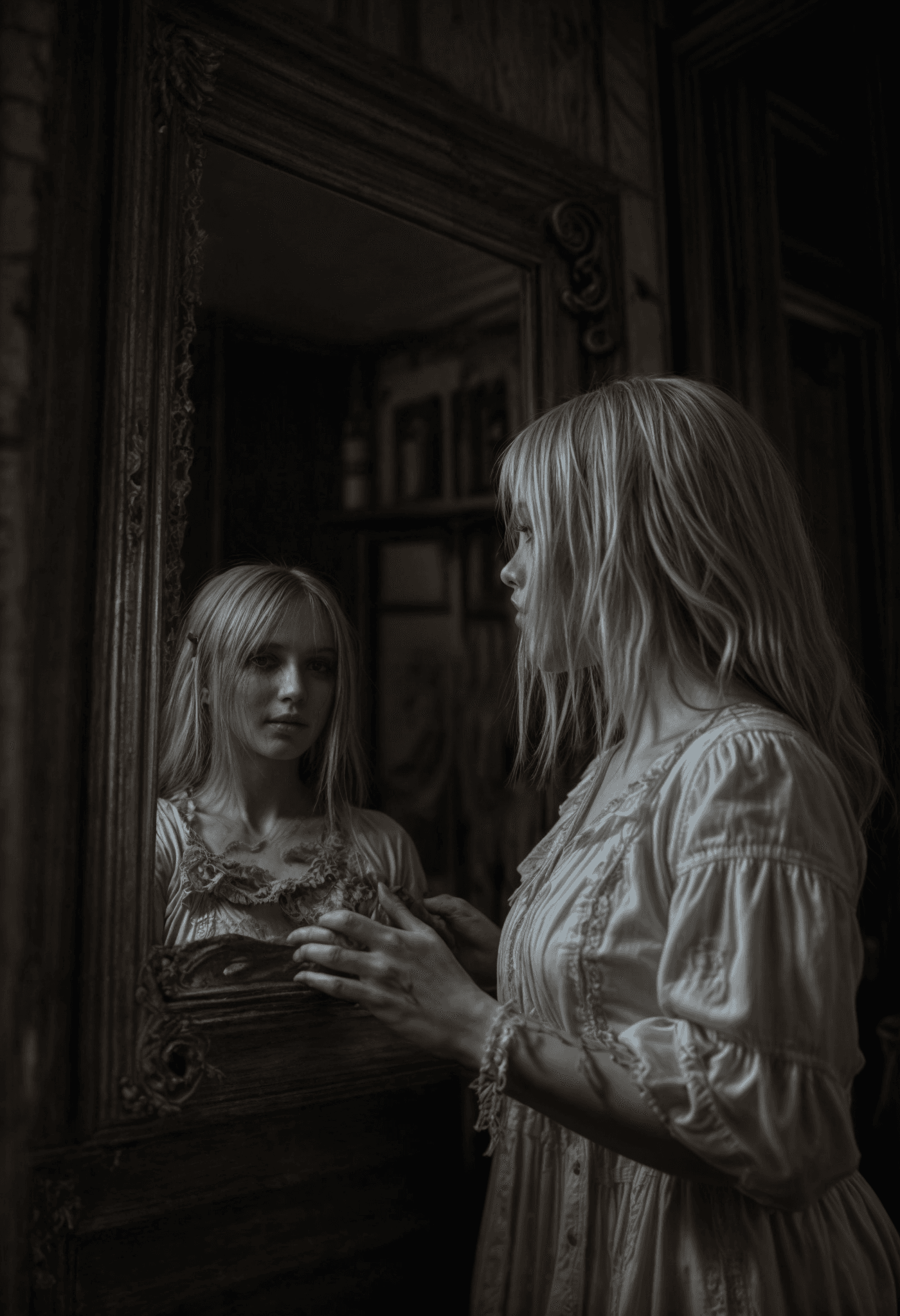 AI generated: A female ghost ((with broken doll skin1:1)) looking at her own reflection in an old mirror, splatter...