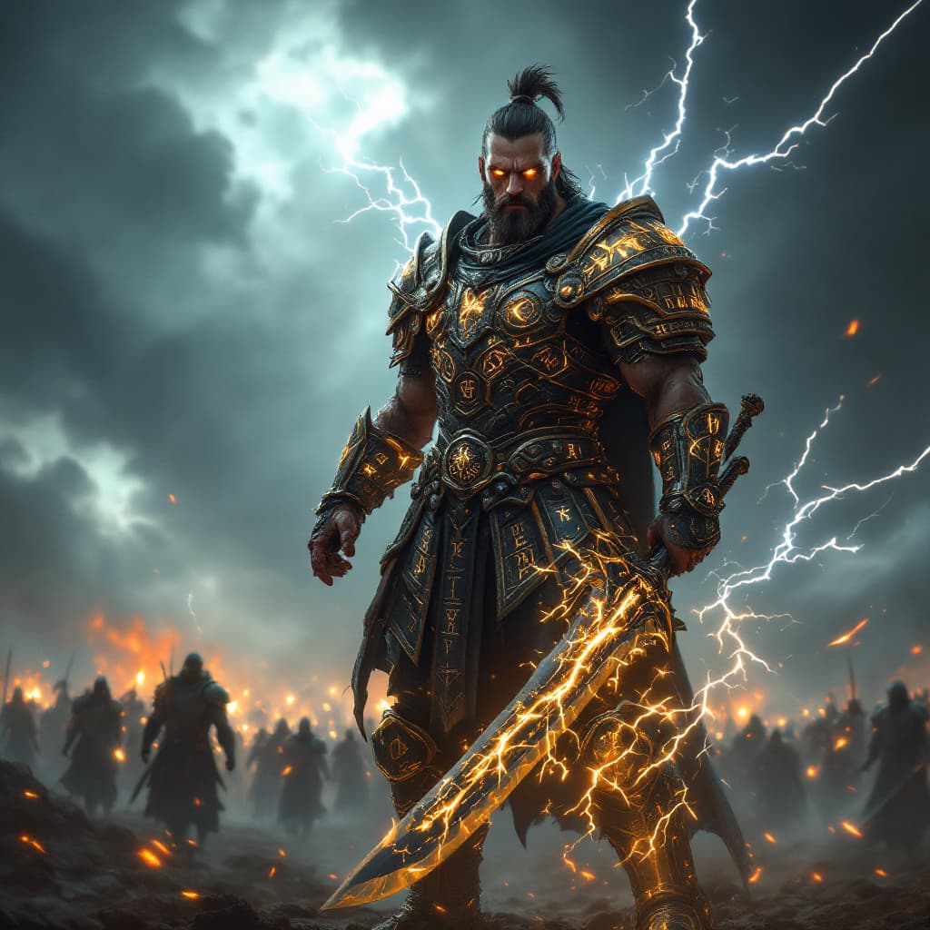 AI generated: A battle-hardened warrior standing on a stormy battlefield, wearing intricately detailed armor glowi...