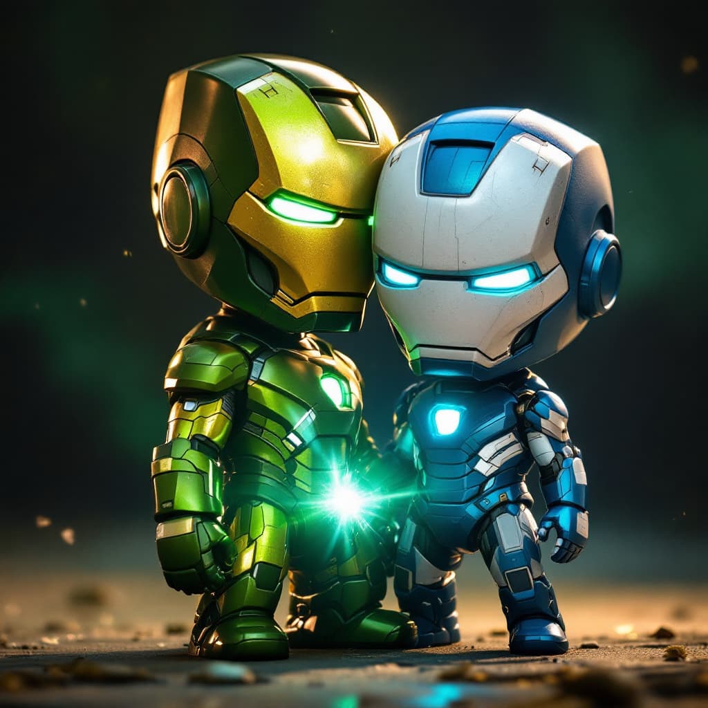 AI generated: baby iron man with green white and blu suit 

