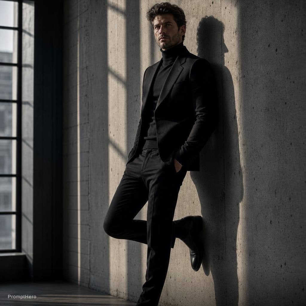 AI generated: this as A man in a tailored black
blazer and turtleneck stands against a
concrete wall. One foot u...