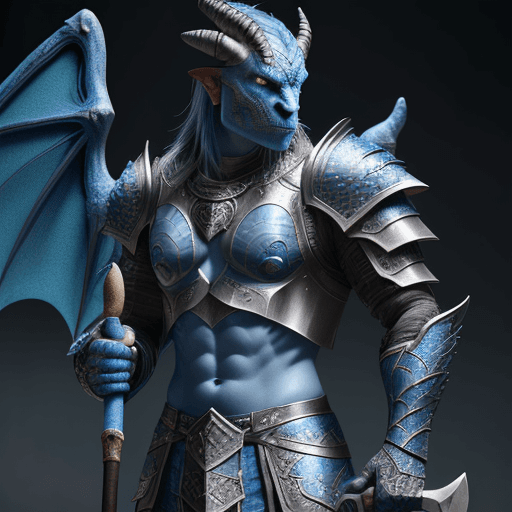 AI generated: A dragonborn with blue scales and yellow eyes, he has wings and wears leather armor, in his hands he...