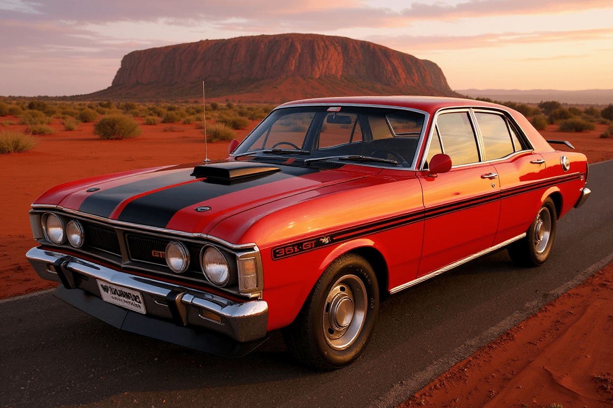 AI generated: Ultra-realistic photograph of 80s Toyota Landcruiser parked on the Stuart Highway a desert road at s...
