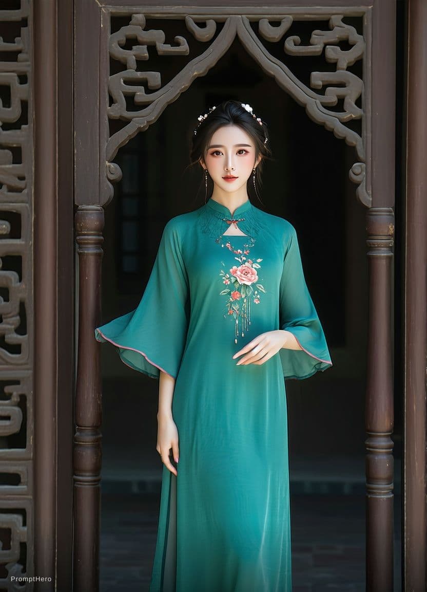 AI generated: score_9, score_8_up, score_7_up, 1girl, asian, olive skin, sexy pose, (elegant dress, decorated dres...