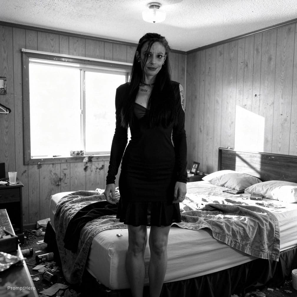 AI generated: In a very cheap looking motel room. Daytime, natural light and indoor lighting, One beautiful, black...