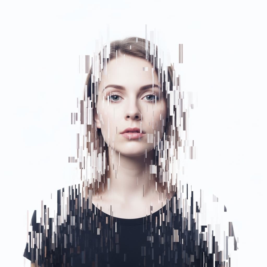 AI generated: glitch art portrait, single woman with clearly defined edges, gaze, pure white background, clean min...
