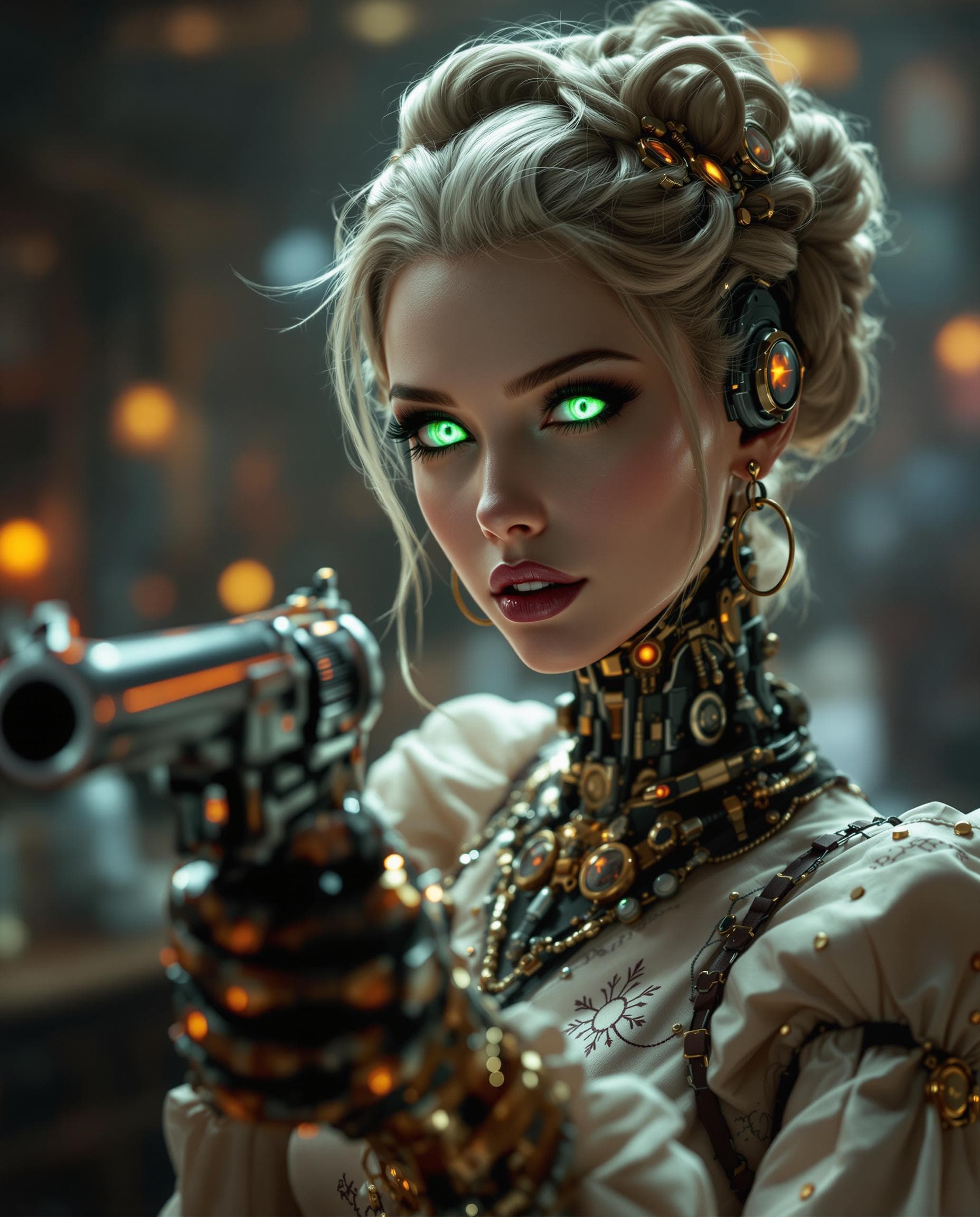 AI generated: Photo of a ultra realistic female robot, steampunk western saloon barmaid, porcelain face, dramatic ...