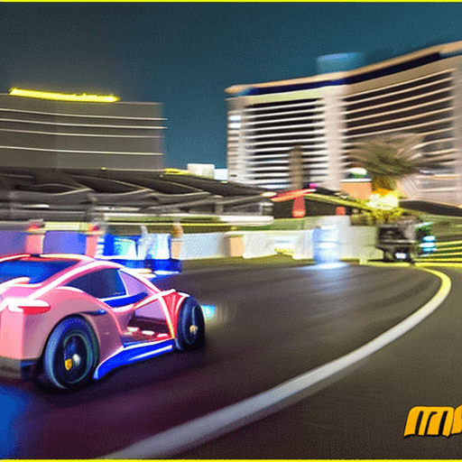 AI generated: flying cars f1 las vegas during the night ligths too