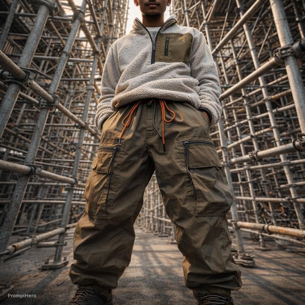 AI generated: photorealistic, wide angle, toe to head composition, distorted, street style of fashion, man model, ...
