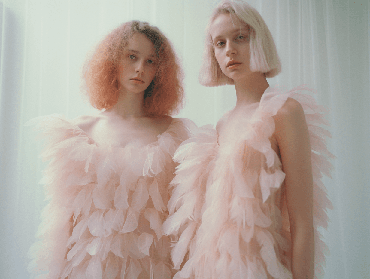 AI generated: Kodak_disposable_photography_of_puff_frill_dress_made_of_featherdress, minimalism, modern,