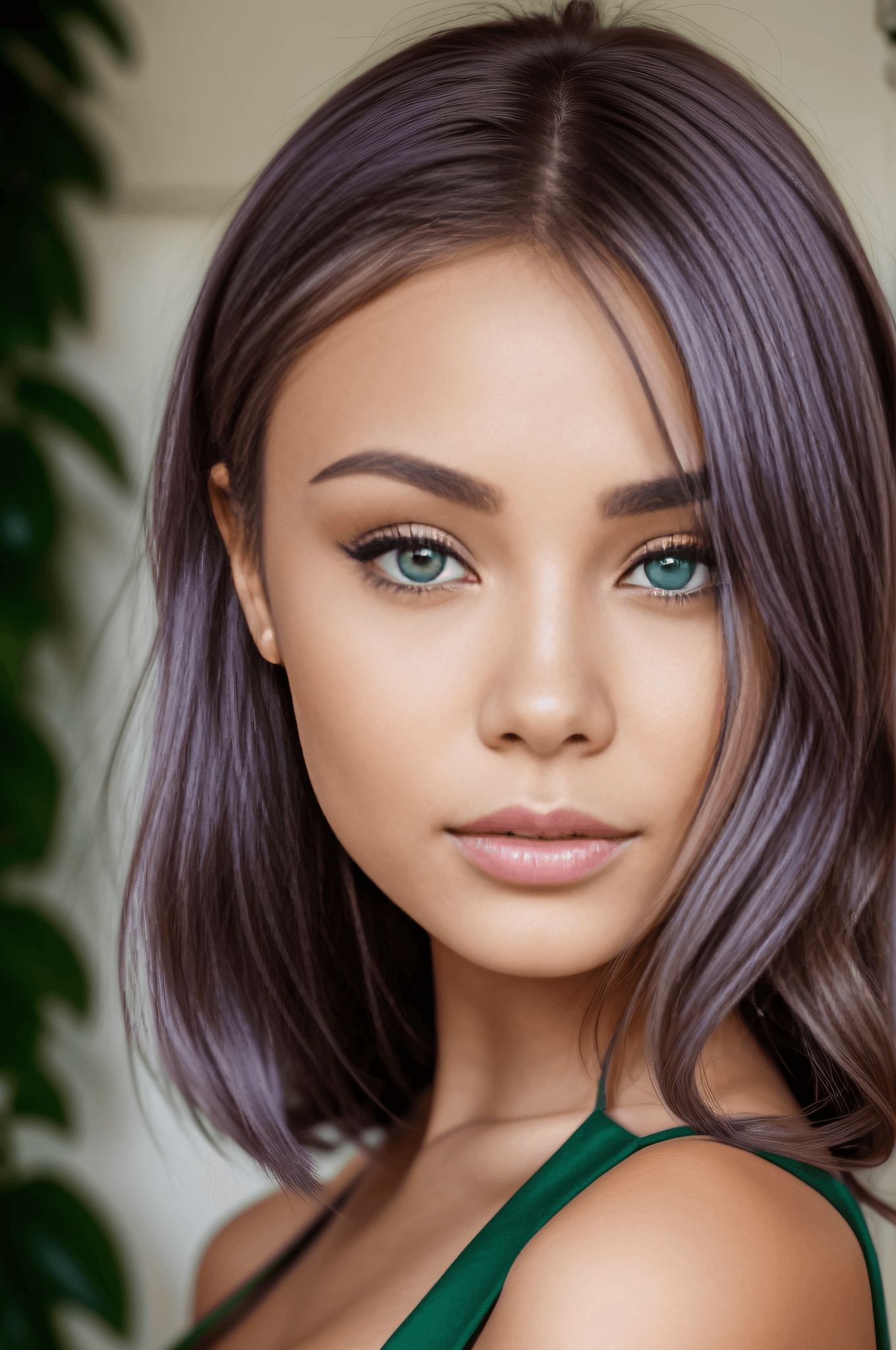AI generated: young woman with short lilac hair and green eyes posing for a picture, portrait sophie mudd, madison...