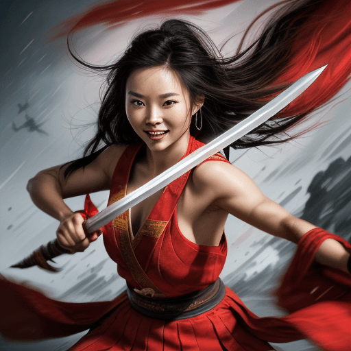 AI generated: A picture of a fearless warrior holding a sword, Disney Mulan reference, fierce and determined smile...