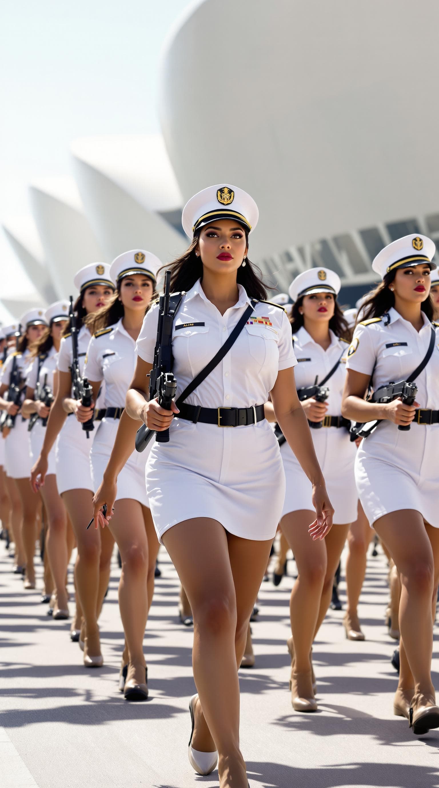 AI generated: A group of confident curvy female soldiers marching in formation, wearing white military uniforms wi...