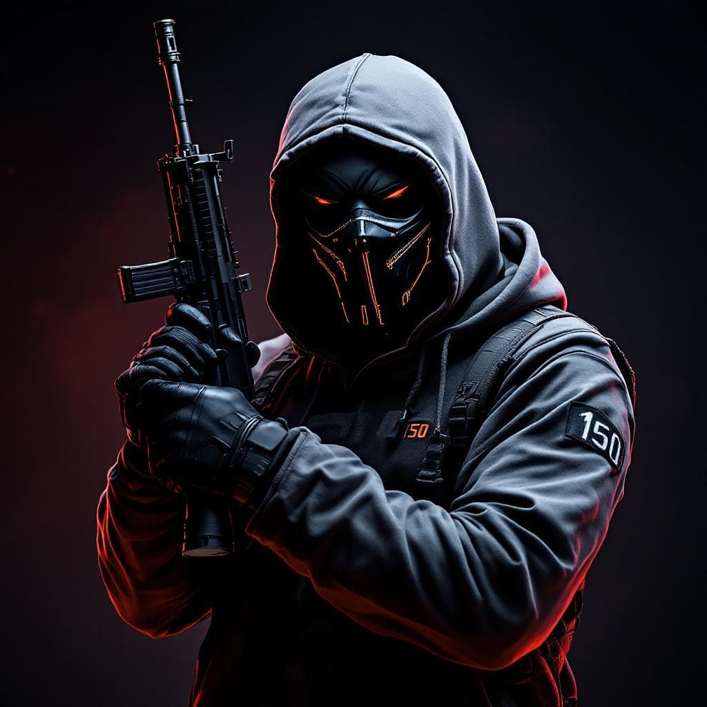 AI generated: black ops theme wearing face mask holding ak-47 dark theme, futuristic, wearing hoodie saying "150" ...