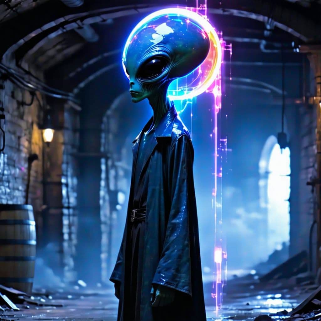 AI generated: Tall slender comicbook alien, proportional large head & eyes are dark, skin leathery blue, wearing l...
