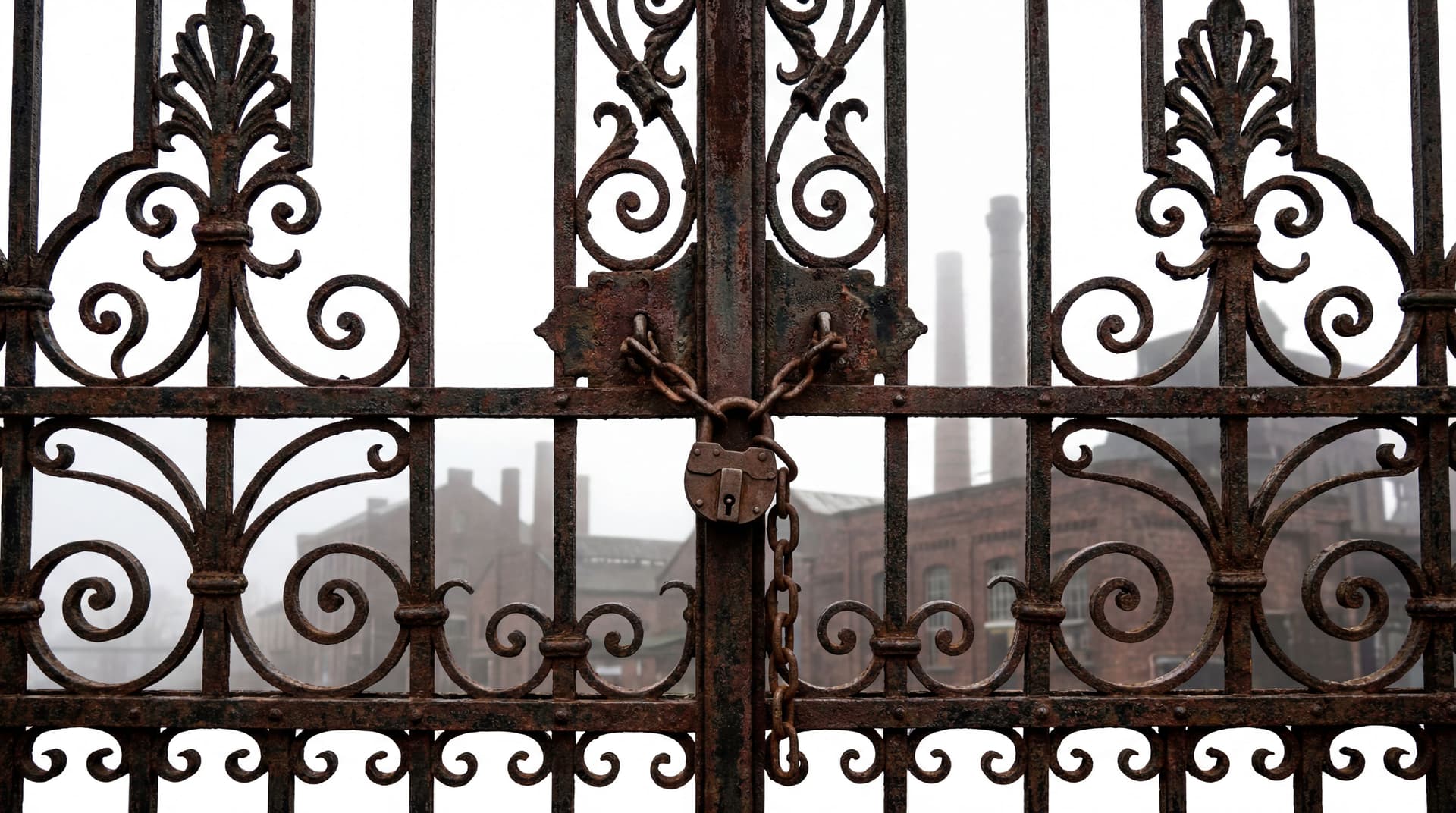 AI generated: Create Closed Factory Gates cutout white background: "Ornate Victorian wrought-iron factory gates, r...