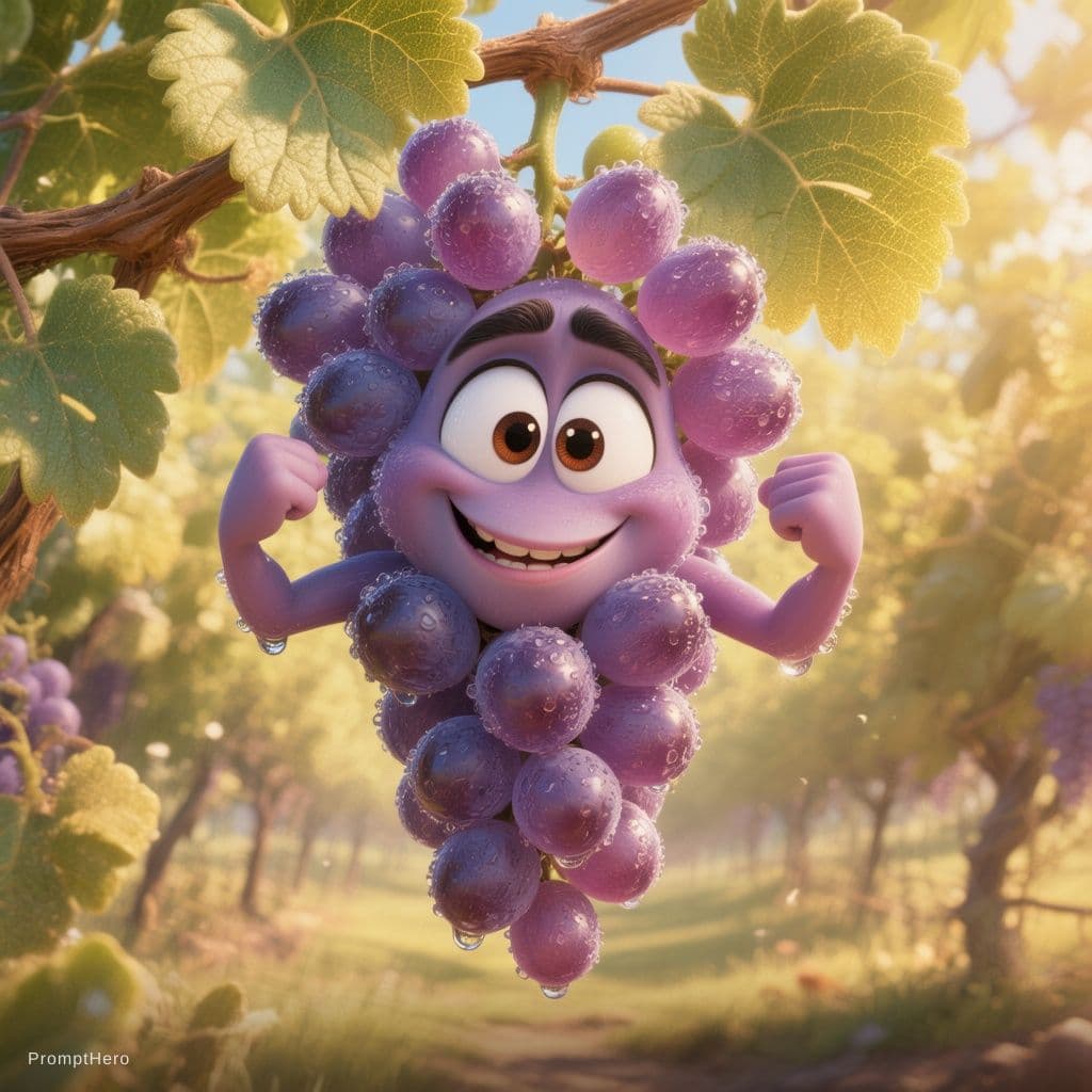 AI generated: Pixar-style 3D render of a bunch of grapes (العنب) hanging fresh on a vine.

• Eyes: shiny, playful,...