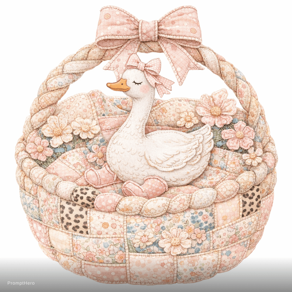 AI generated: Ultra detailed patchwork goose sitting protectively inside a braided quilt basket, layered cotton fa...