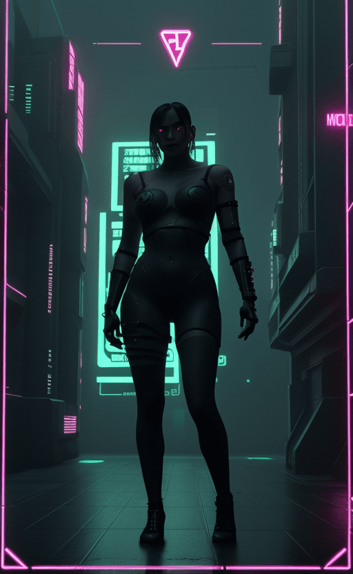 AI generated: Cyberpunk  Strength Tarot Card, Words " Strength", High Contrast, Neon, Cyberpunk, Futuristic, Sci F...