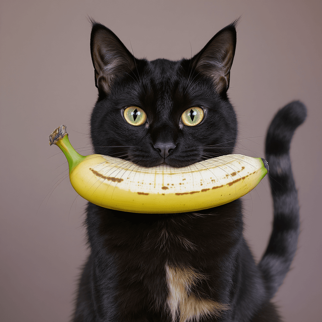 AI generated: ebony girl with cat ears and a cat tail, she got a big hard banana in her mouth