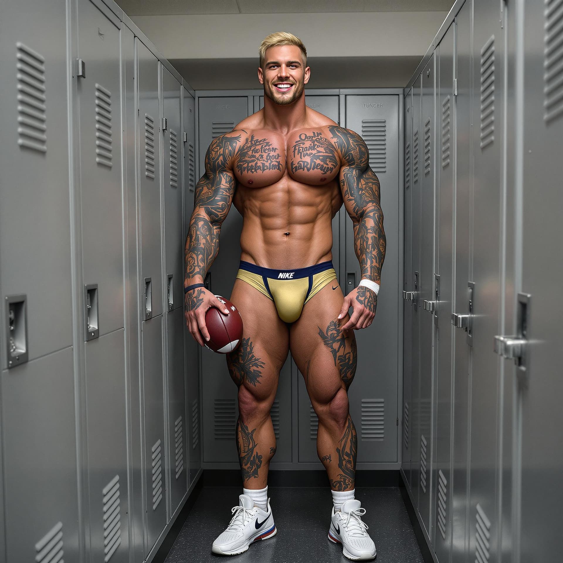 AI generated: Full image, Locker room, gray lockers, tall lean muscular man, lots of tattoos, neat blonde short ha...