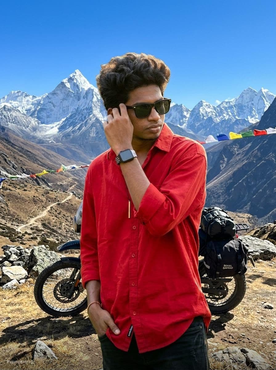 AI generated: On the top of the mountain behind Himalayan bike 
