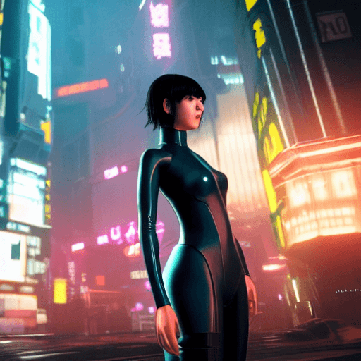 AI generated: girl, blade runner, ghost in the shell, cyberpunk, anime, ultra realistic, cinematic and volumetric ...