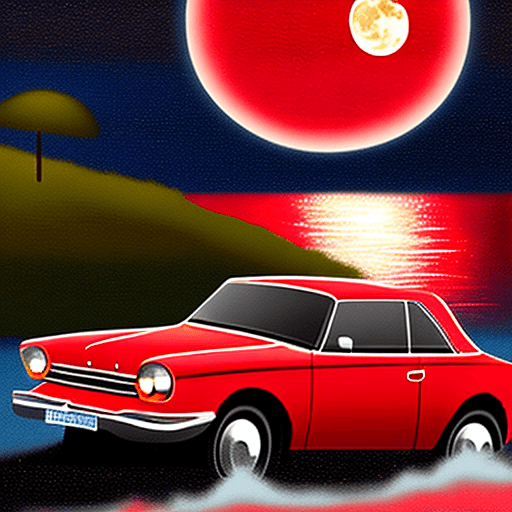 AI generated: A classic car in street at night rain, the moon is red over the sea