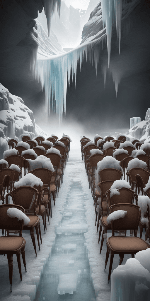 AI generated: There are twelve chairs in neat rows, high speed photography, Ice age, 8K, HDR