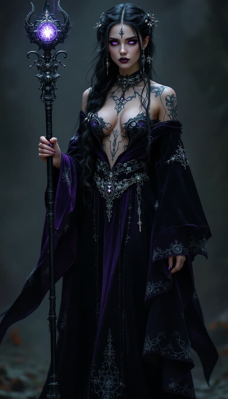 AI generated: An ultra-realistic, full-body portrait of a captivating gothic mage woman, radiating dark knowledge ...