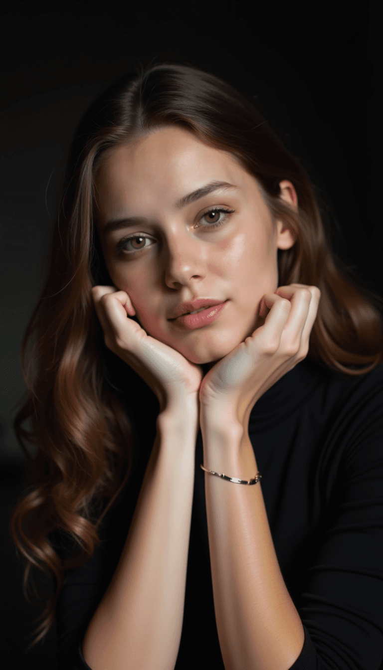 AI generated: A young woman with long wavy brunette hair rests her head on her clasped hands. She wears a black to...