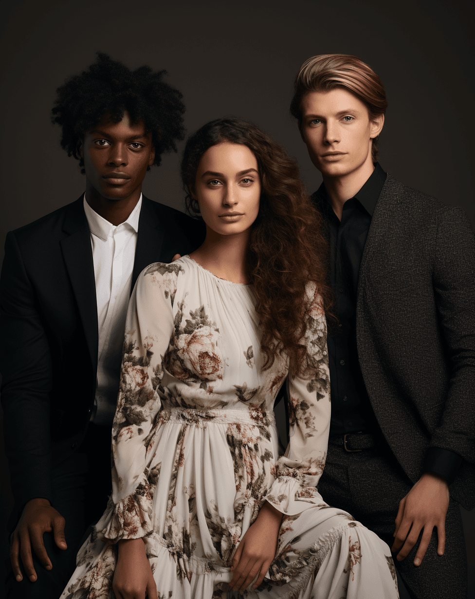 AI generated: A photo of four European and American models wearing modern and luxurious outfits, posing for the ca...