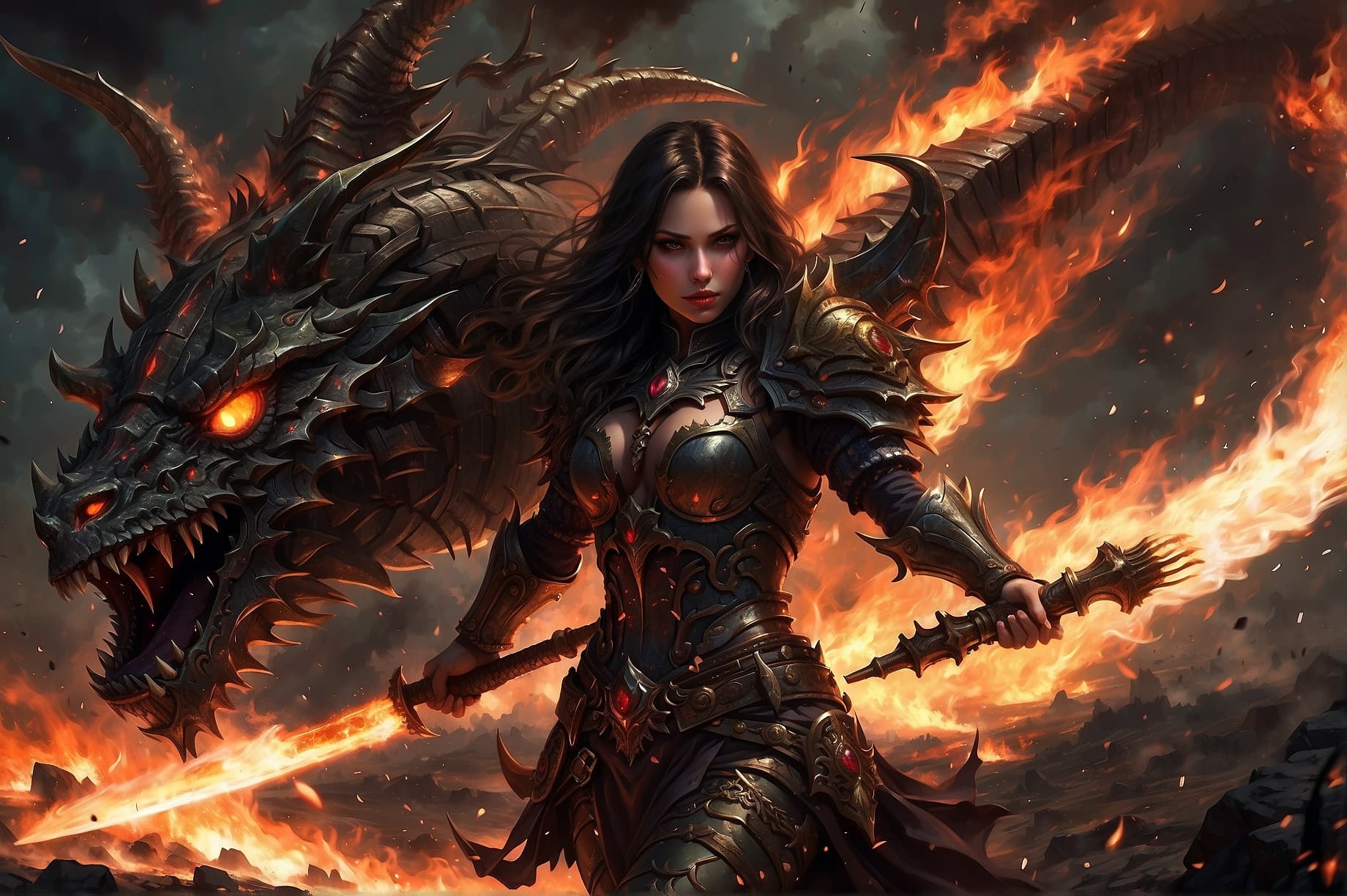 AI generated: Realistic women with black scary armor, Holding fire Sword, human face, long hair, perfectly detaile...