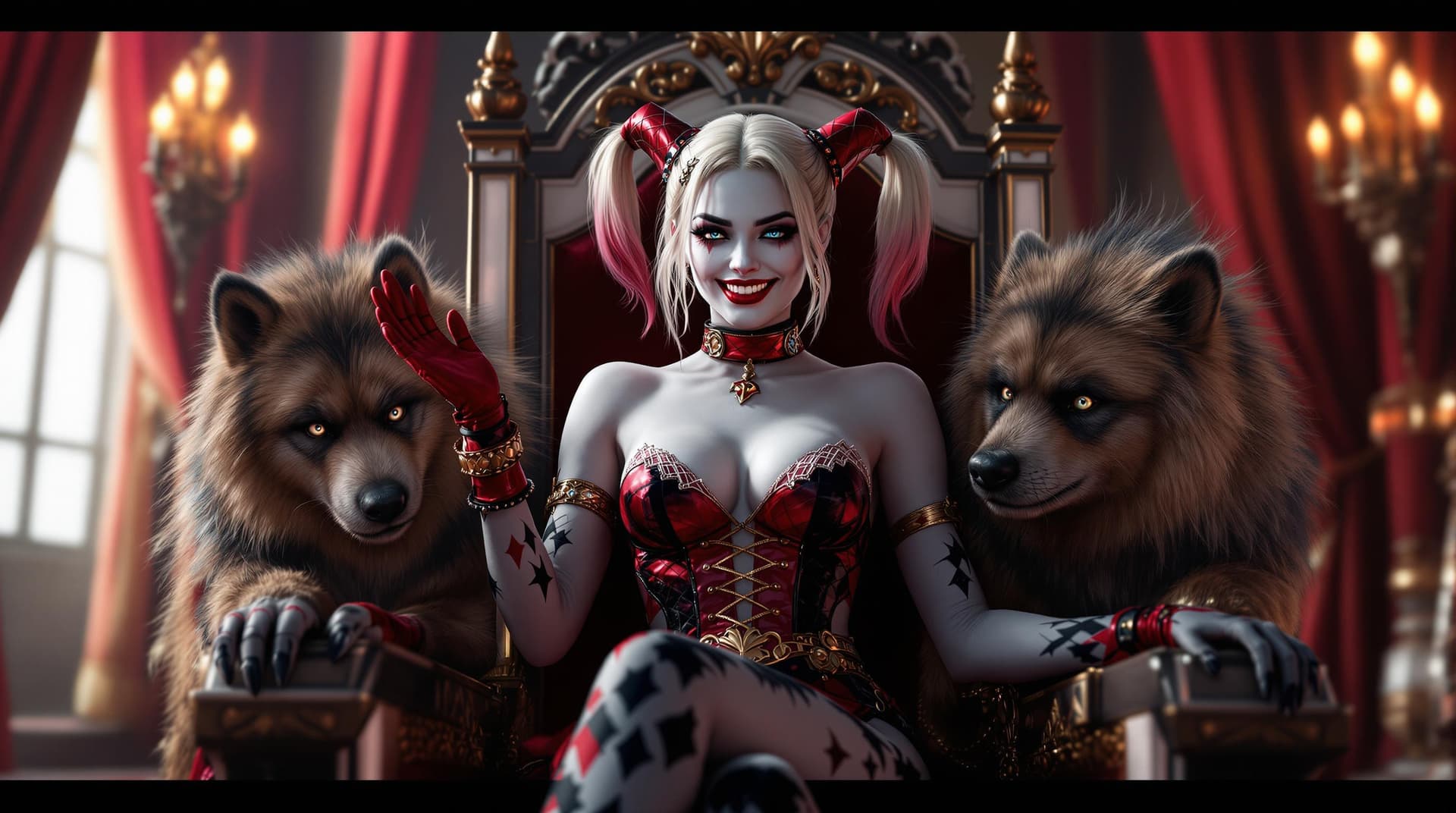 AI generated: A Full Body photo shot of Classic Harley Quinn, sitting on her throne chair, smile (happy), beauty, ...