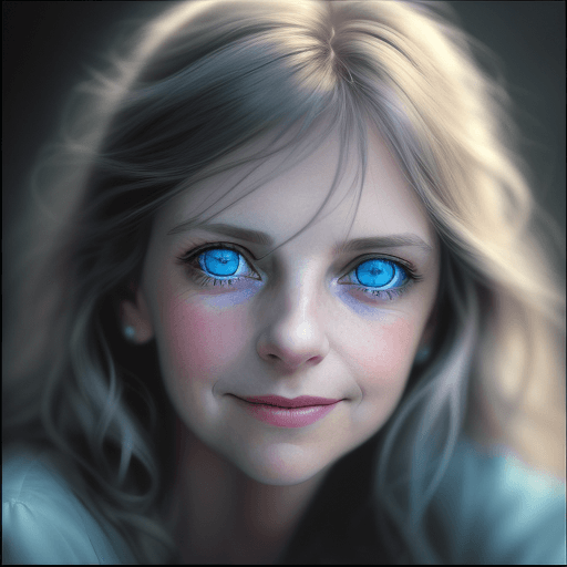 AI generated: colors, sharp light blue eyes, A soul-stirring close-up portrait of a woman, grins, her grace enhanc...
