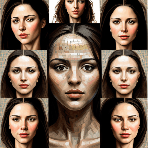 AI generated: a collage of women's faces in mosaic, in the style of andrew atroshenko, peter gric --ar 73:109 --st...