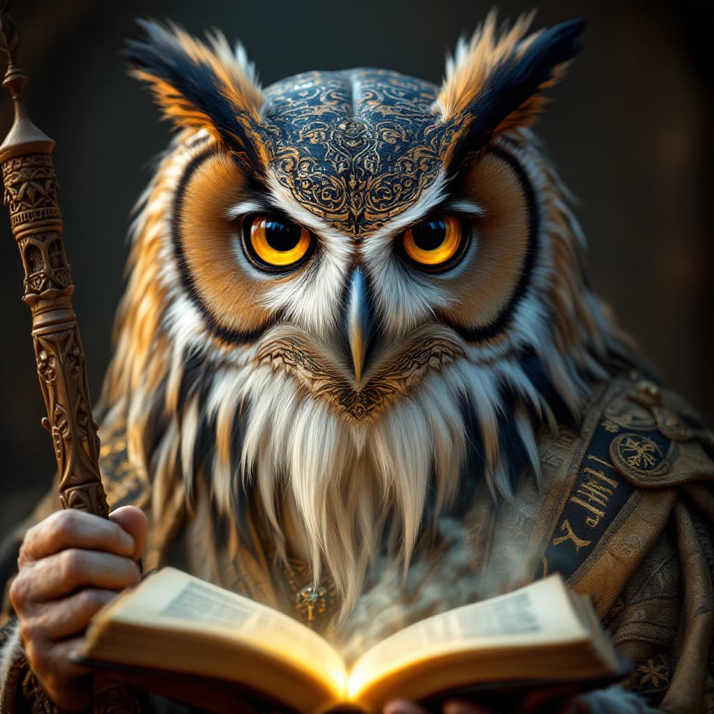 AI generated: *"A hyperrealistic portrait of an ancient owl sage with human-like features, embodying the personifi...