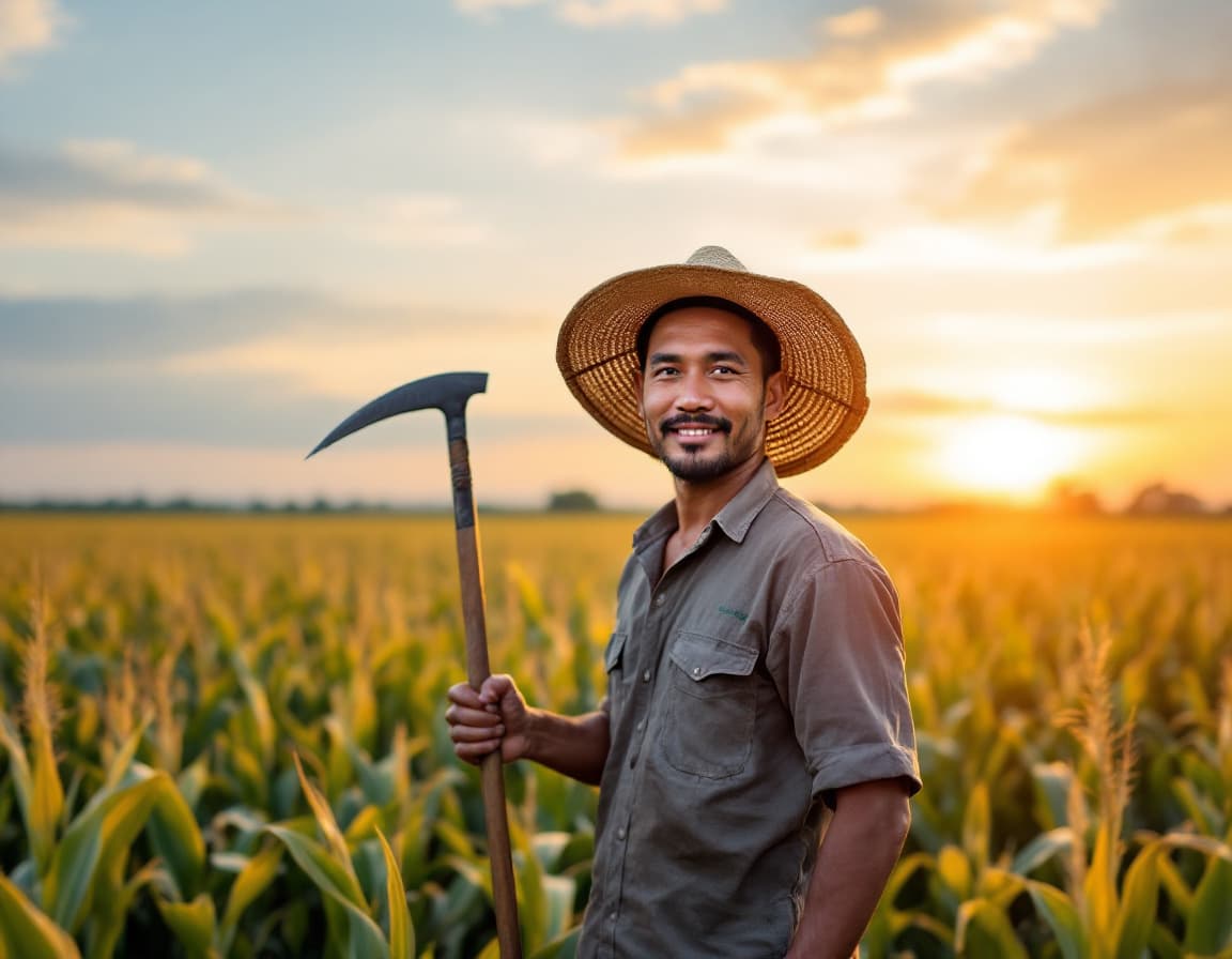 AI generated: portrait of Indonesian male farmer holding sickle, wearing caping hat, looking at camera, background...
