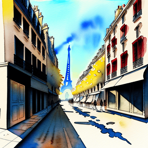 AI generated: Minimalist, detailed illustration, sunny day, old street in Paris, ink and watercolour wash
