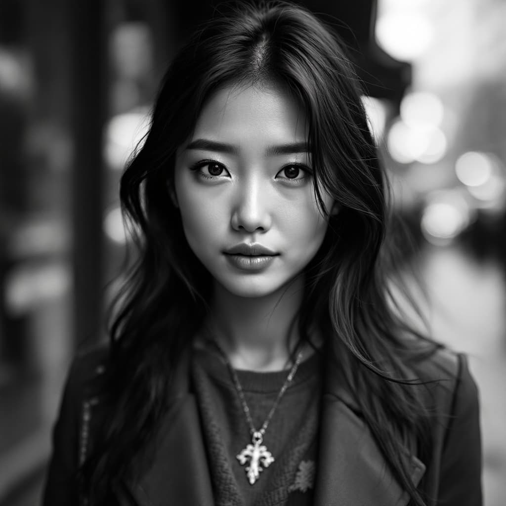 AI generated: ultra-realistic black and white photo of a beautiful Asian woman, shot on a Sony a7III, on the stree...