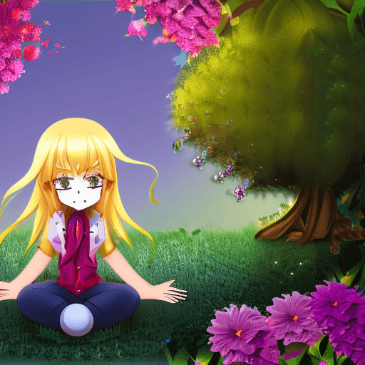 AI generated: girl, gold haired, happy, 10 years old, sit, garden, anime style image
