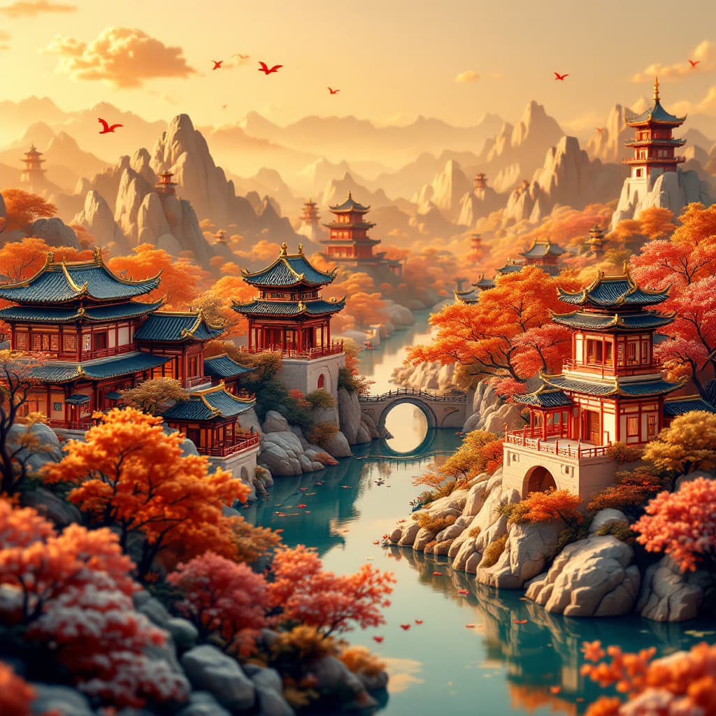 AI generated: Scenic view, ancient Chinese kingdom, papercraft style, intricate crafts, details of traditional Chi...