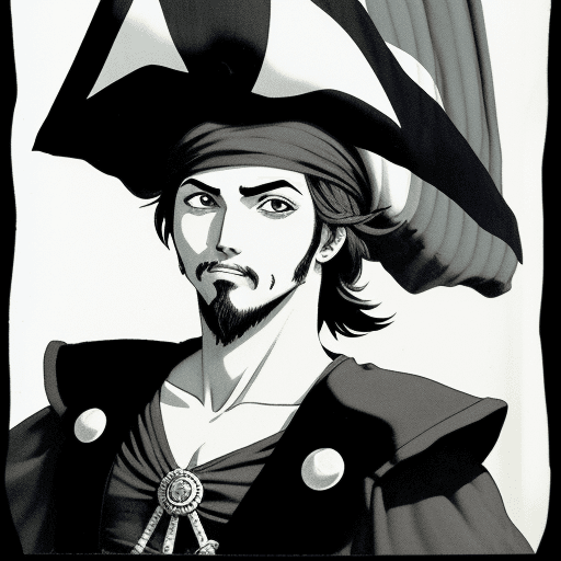AI generated: Pirata esqueleto , detalhes altos , anime dos anos 90 , preto e branco , cor de fundo preta