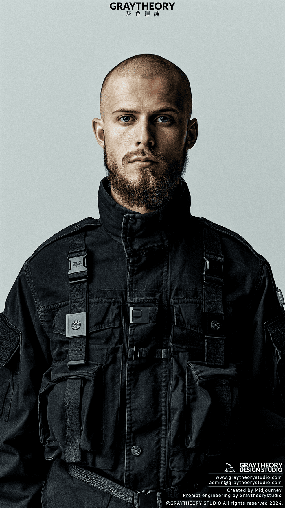 AI generated: Photograph, man, model, minimalist millitary, a bald head and beard, gaze, solid white environment, ...