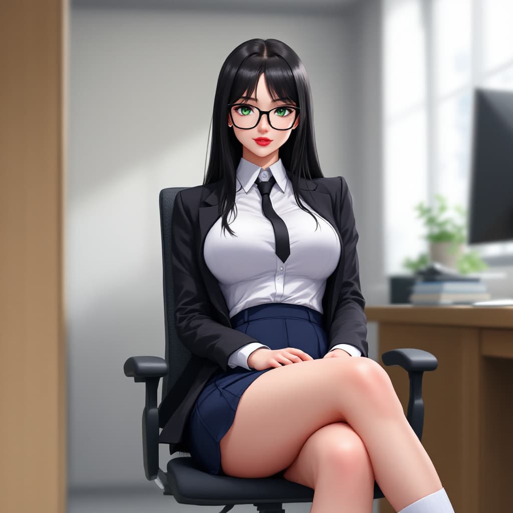 AI generated: anime, woman, black hair, long hair, green eyes, black glasses, red lips, white shirt, black tie, bl...