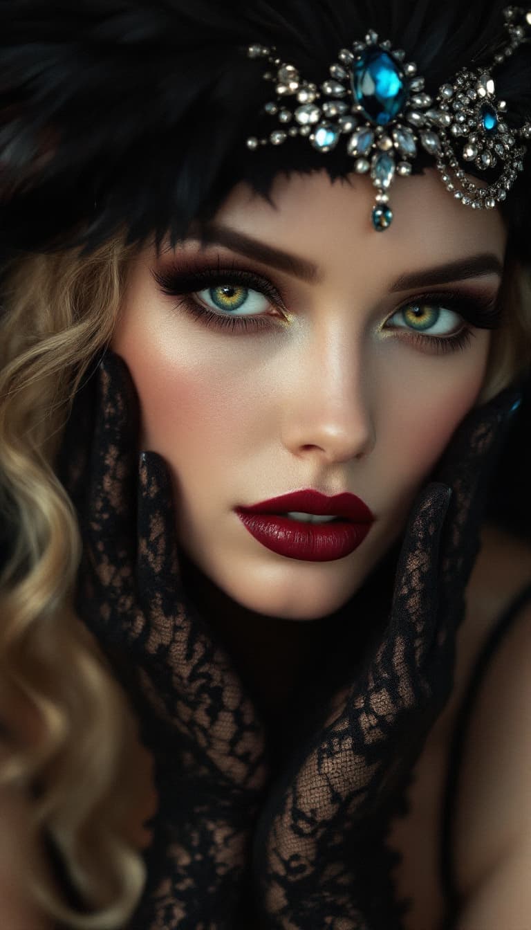 AI generated: Fine art portrait photography, warm yet dark tones, soft focus. A stylish supermodel in her early tw...