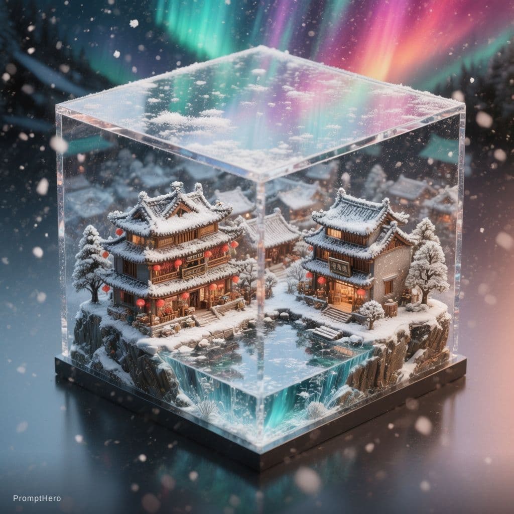 AI generated: Hyper-realistic isometric view of a scale model of a traditional Chinese village during winter with ...