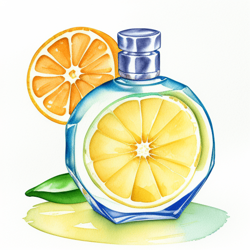 AI generated: Bottle perfume with a citrus on the side, drawing , watercolor, 