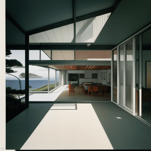 AI generated: Hyper realistic eye level exterior photo of a mid century modern style house overlooking the ocean, ...