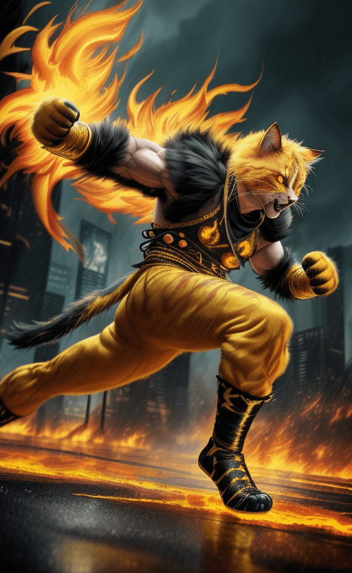 AI generated: painterly style, photorealistic, more colorful, rage golden yellow fluffy cat ninja , fighting at wa...