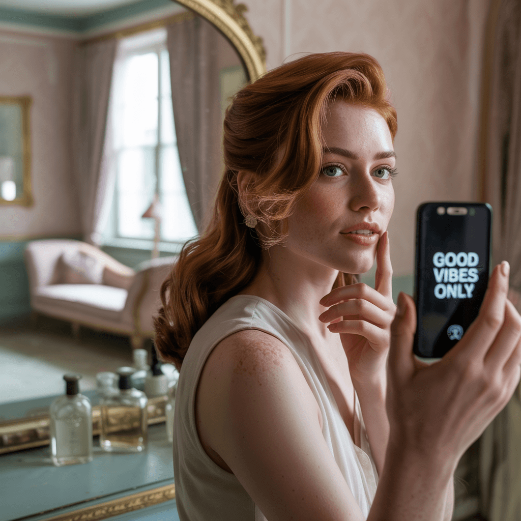 AI generated: She stands in front of a mirror in the room and takes a photo of herself
